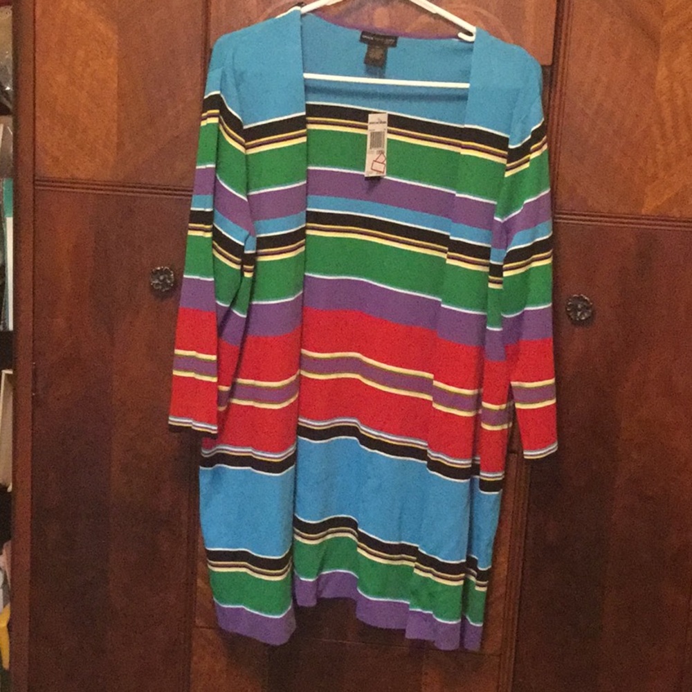 Long sleeve, multicolored, striped knit blazer.